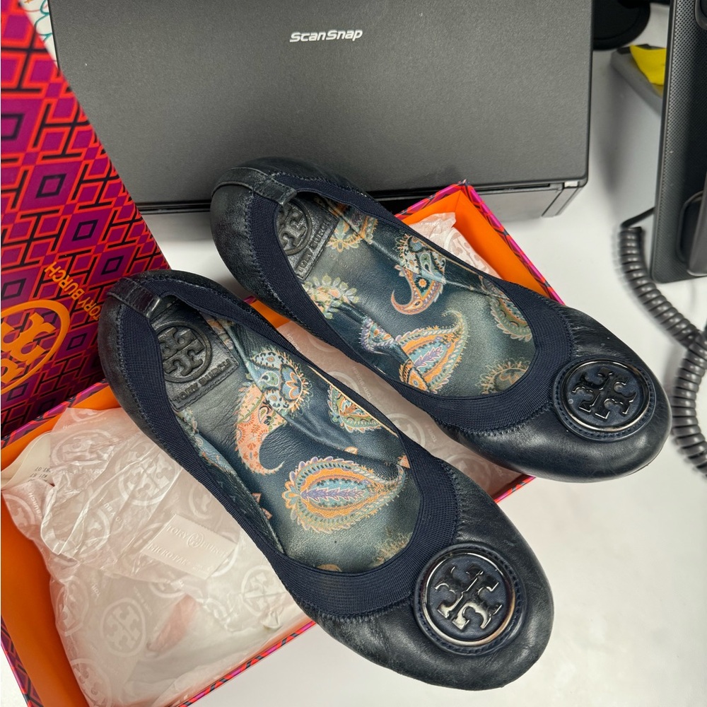 Tory Burch navy blue flats, were loved very much, signs of wear.